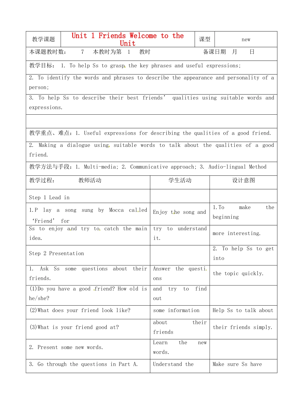 江苏省昆山市锦溪中学八年级英语上册 Unit 1 Friends Welcome to the Unit教案 牛津版_第1页