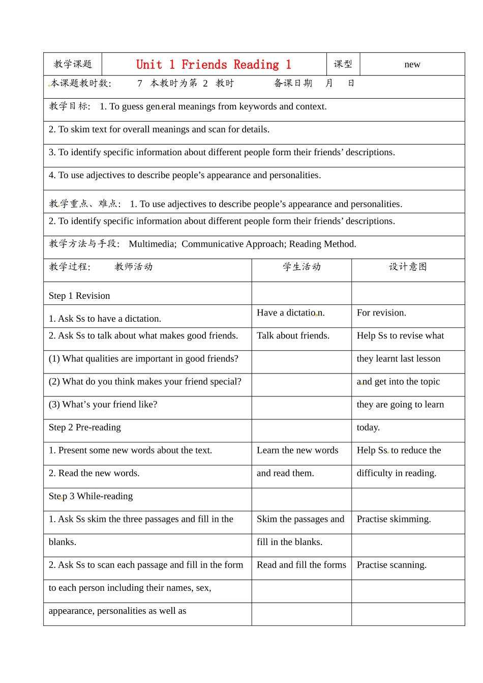 江苏省昆山市锦溪中学八年级英语上册 Unit 1 Friends Reading 1教案 牛津版_第1页