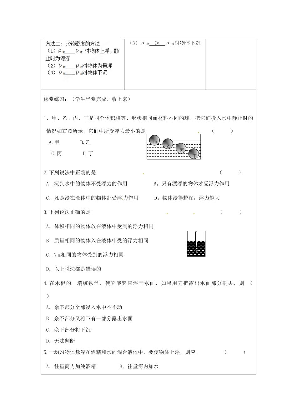 江苏省昆山市锦溪中学八年级物理下册 物体的浮沉（第2课时）教案 苏科版_第2页
