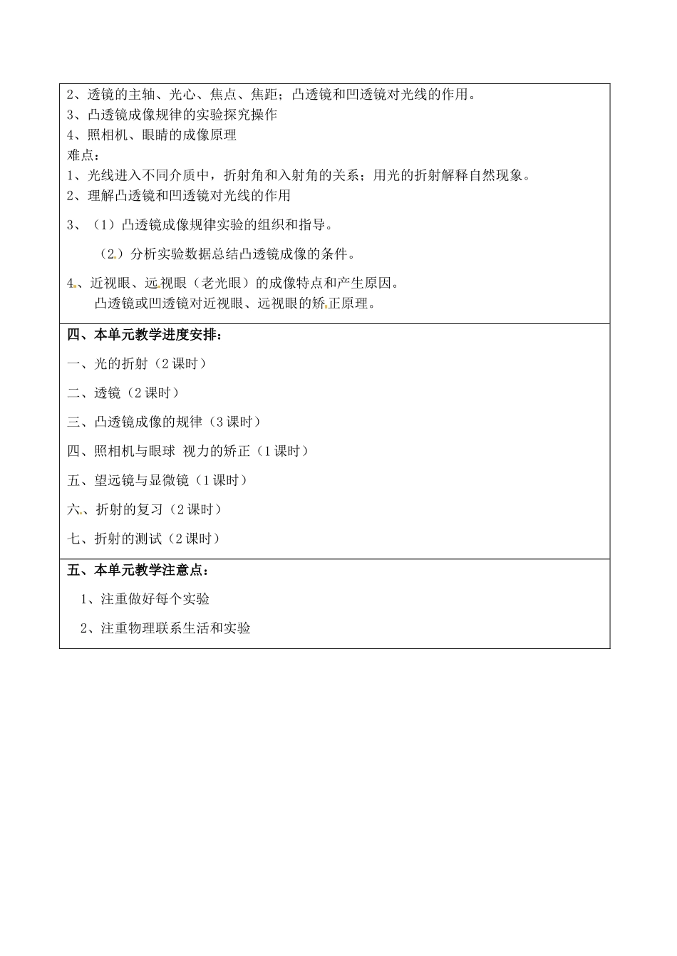 江苏省昆山市锦溪中学八年级物理上册 第四单元 光的折射 透镜教学计划 苏科版_第2页