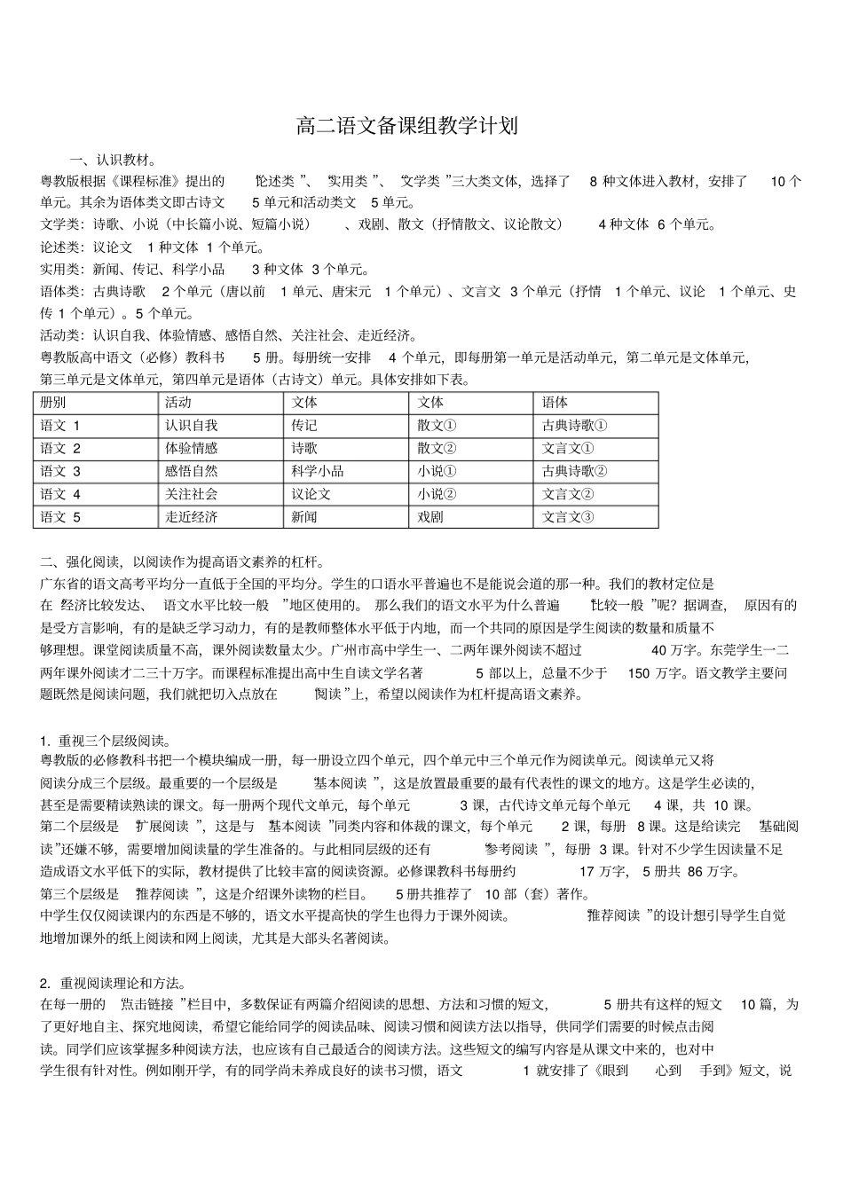 2012017学年高二语文粤教版备课组教学计划_第1页