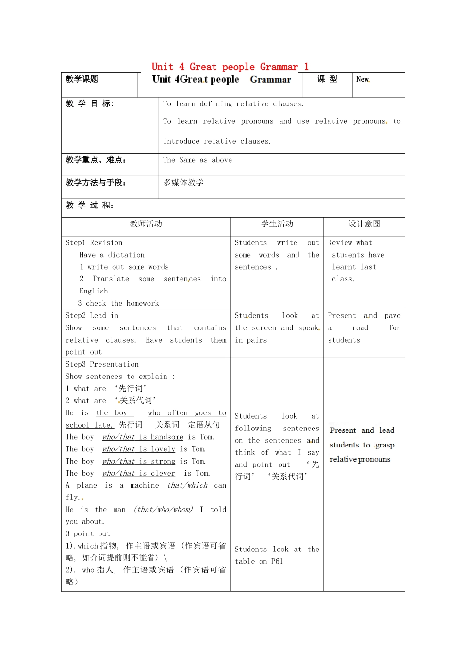 江苏省昆山市锦溪中学九年级英语下册 Unit 4 Great people Grammar 1教案 牛津版_第1页