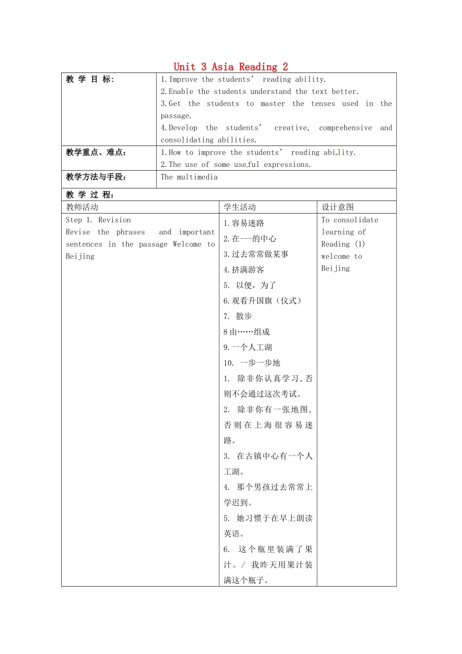 江苏省昆山市锦溪中学九年级英语下册 Unit 3 Asia Reading 2教案 牛津版_第1页