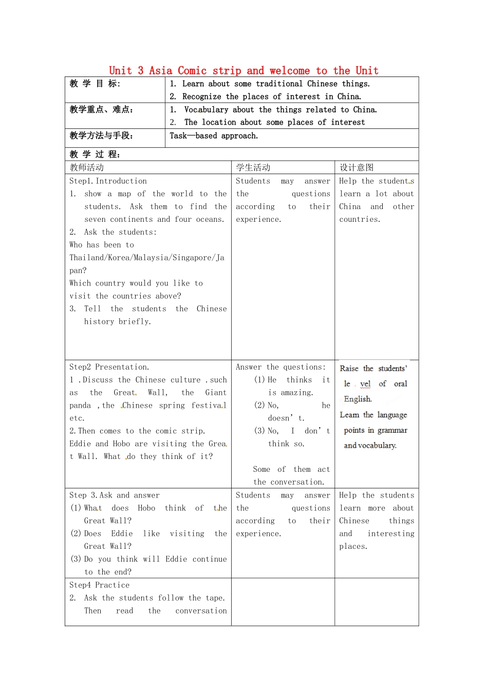江苏省昆山市锦溪中学九年级英语下册 Unit 3 Asia Comic strip and welcome to the Unit教案 牛津版_第1页