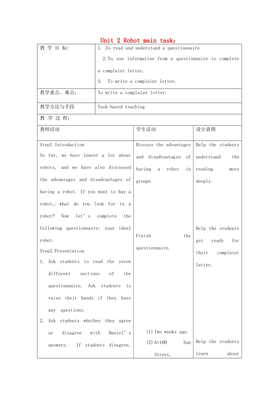 江苏省昆山市锦溪中学九年级英语下册 Unit 2 Robot main task教案 牛津版_第1页