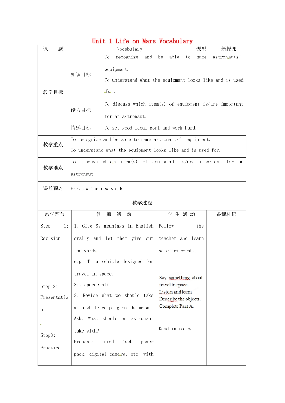 江苏省昆山市锦溪中学九年级英语下册 Unit 1 Life on Mars Vocabulary教案 牛津版_第1页