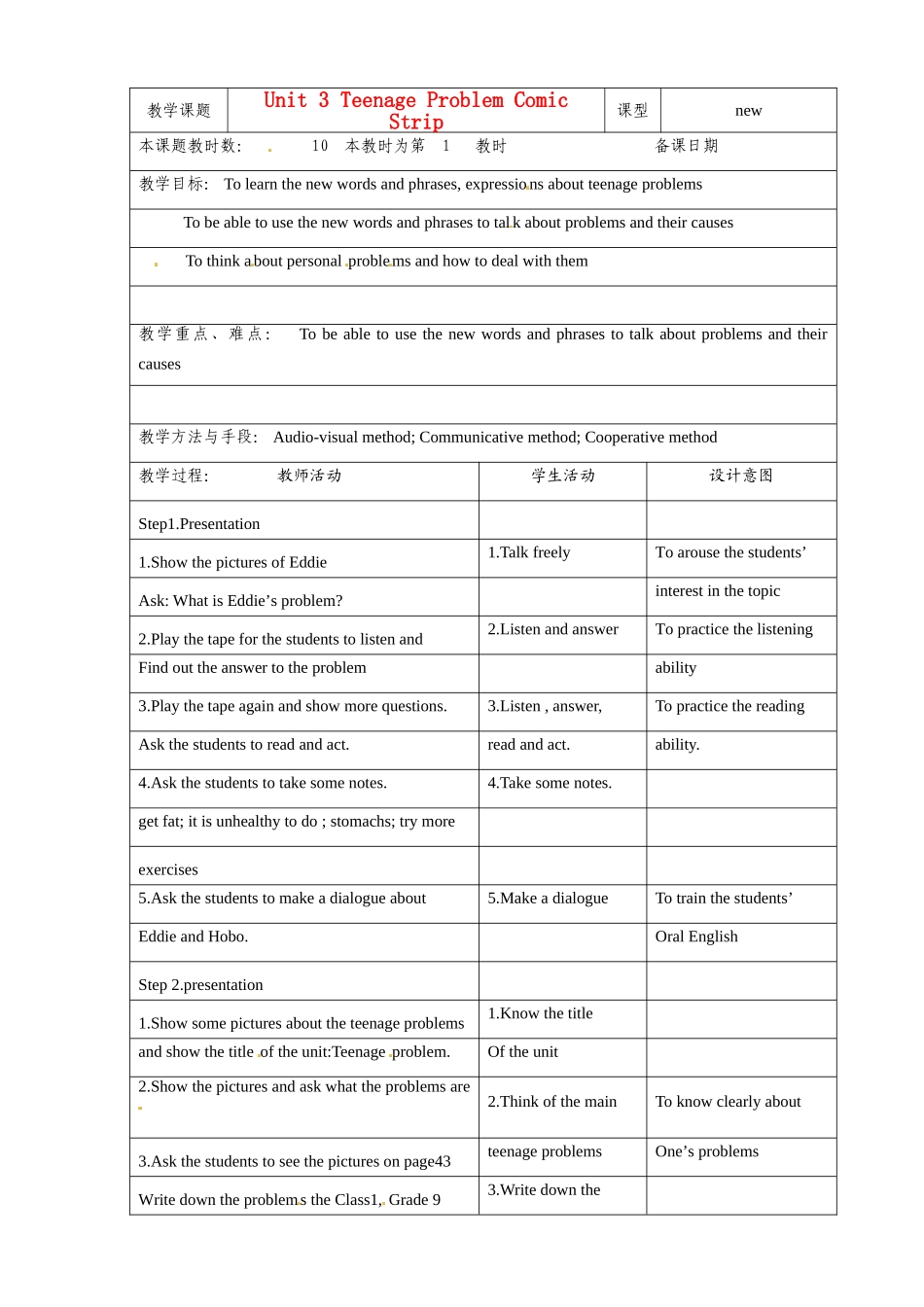 江苏省昆山市锦溪中学九年级英语上册 Unit 3 Teenage problems comic教案 牛津版_第1页
