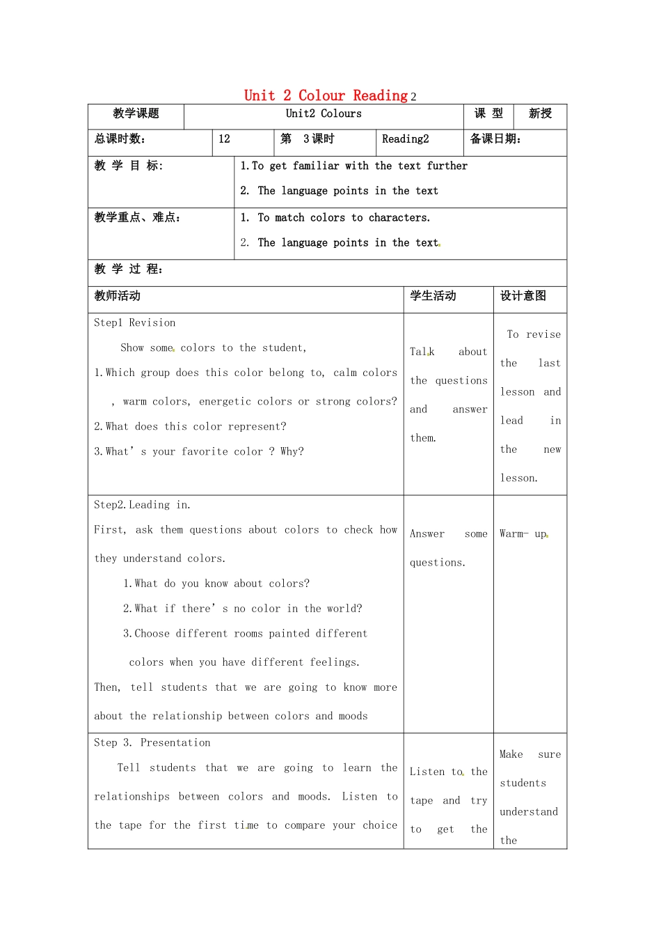 江苏省昆山市锦溪中学九年级英语上册 Unit 2 Colour Reading 2教案 牛津版_第1页