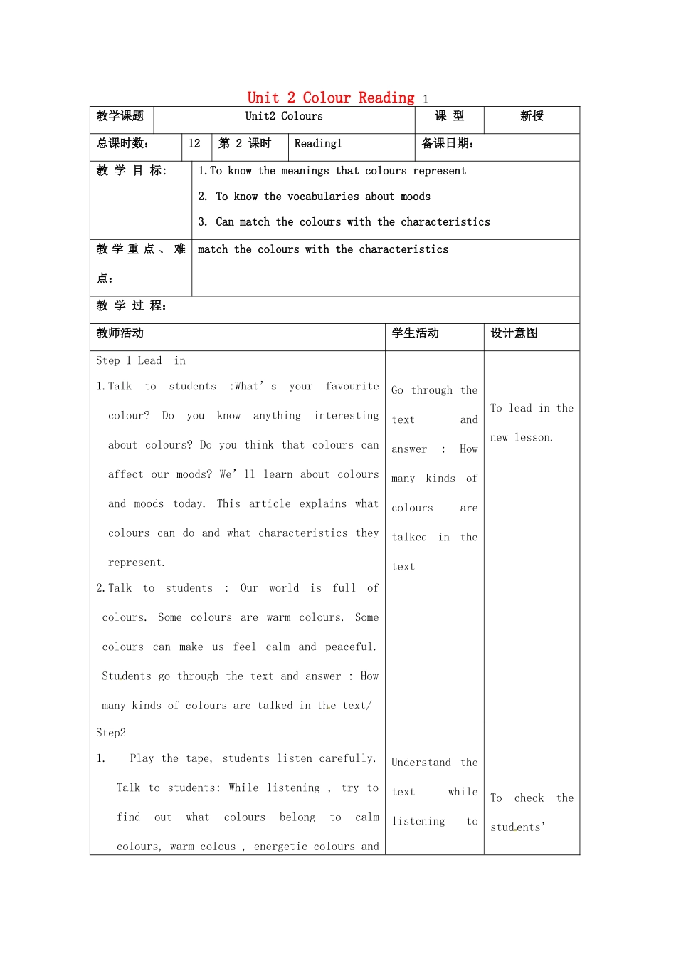 江苏省昆山市锦溪中学九年级英语上册 Unit 2 Colour Reading1教案 牛津版_第1页