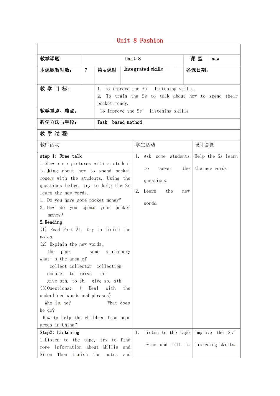 江苏省昆山市锦溪中学七年级英语上册 Unit 8 Fashion Integrated skills教案 （新版）牛津版_第1页