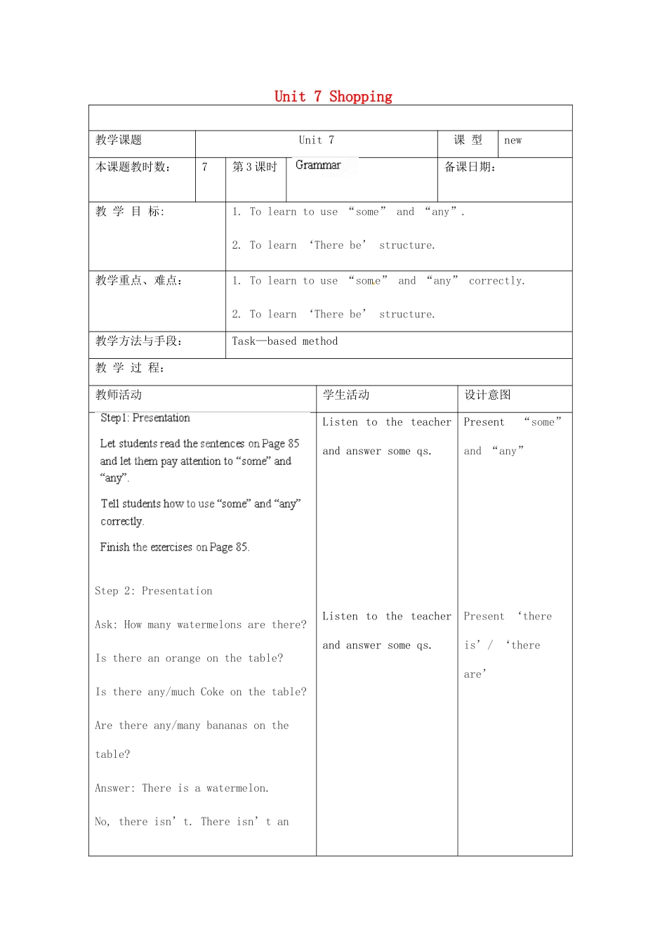 江苏省昆山市锦溪中学七年级英语上册 Unit 7 Shopping Grammar教案 （新版）牛津版_第1页