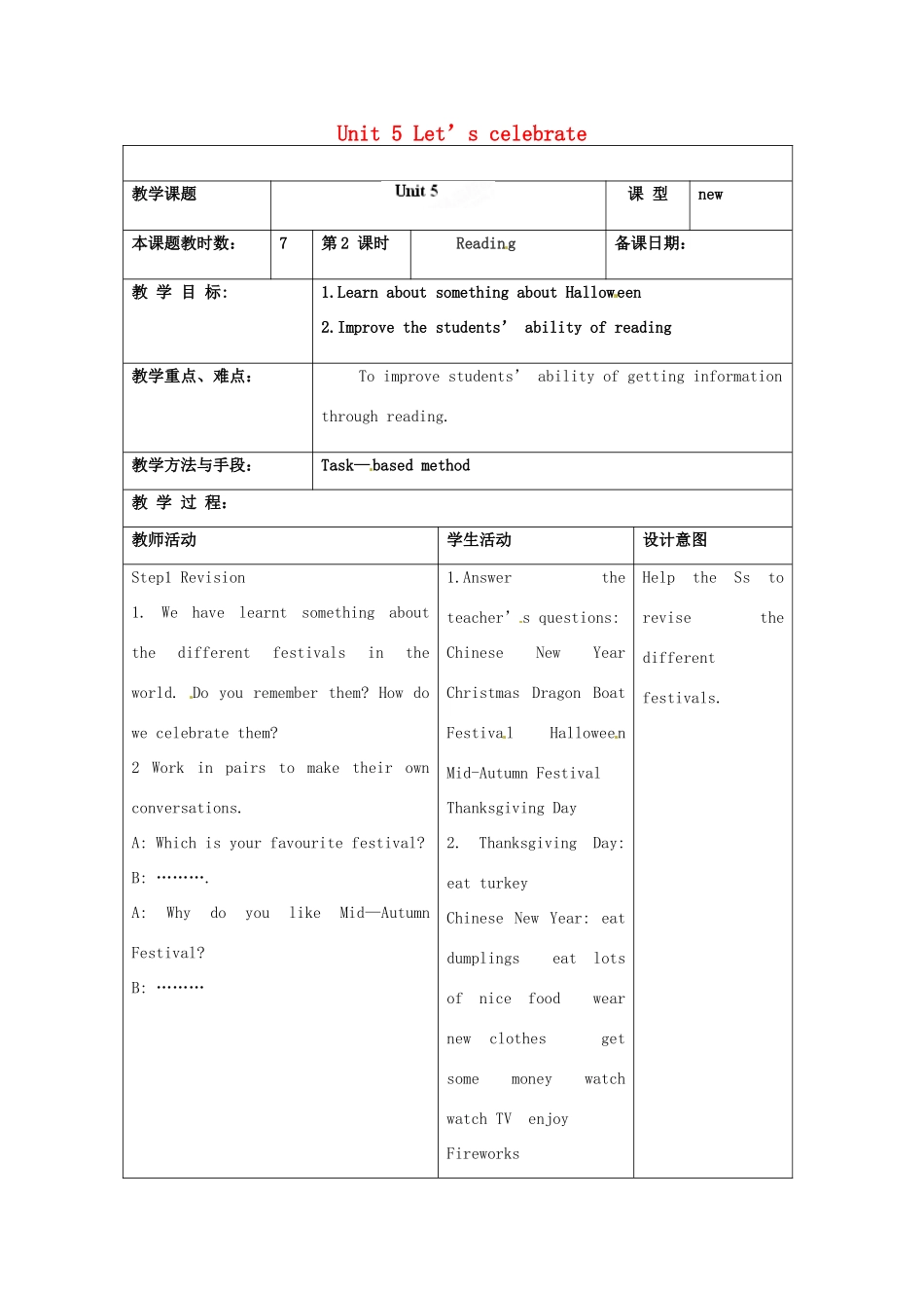 江苏省昆山市锦溪中学七年级英语上册 Unit 5 Let’s celebrate Reading教案（新版）牛津版_第1页