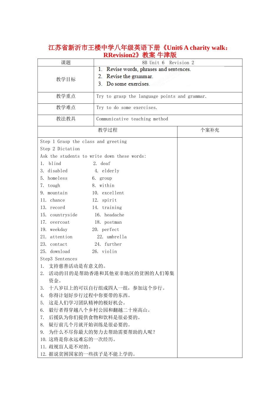 江苏省新沂市王楼中学八年级英语下册《Unit6 A charity walk：RRevision2》教案 牛津版_第1页