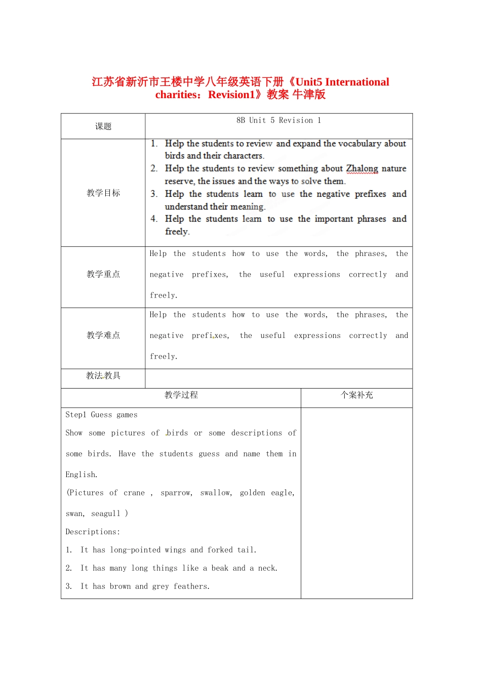 江苏省新沂市王楼中学八年级英语下册《Unit5 International charities：Revision1》教案 牛津版_第1页