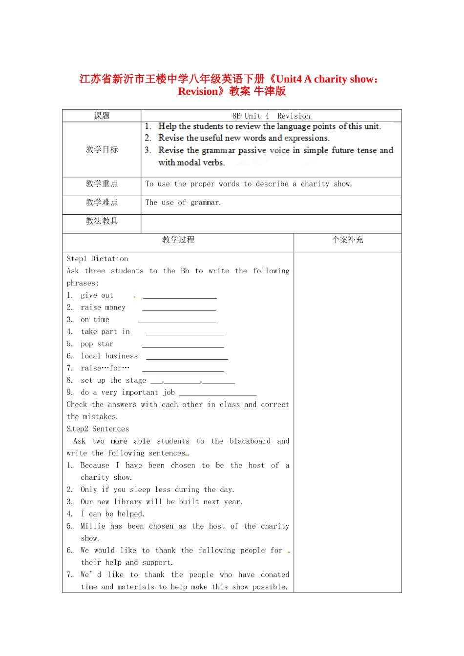 江苏省新沂市王楼中学八年级英语下册《Unit4 A charity show：Revision》教案 牛津版_第1页