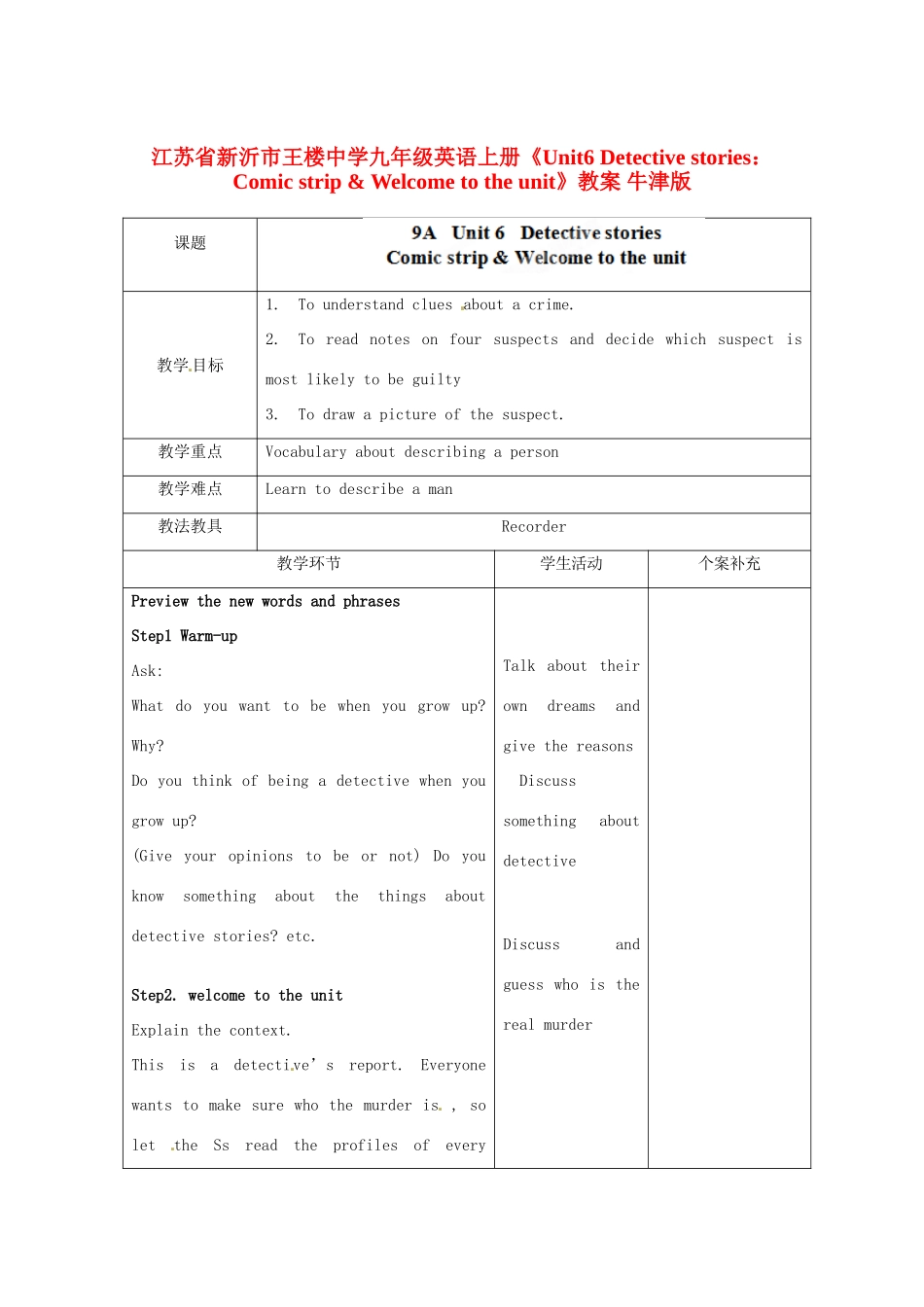 江苏省新沂市王楼中学九年级英语上册《Unit6 Detective stories：Comic strip & Welcome to the unit》教案 牛津版_第1页