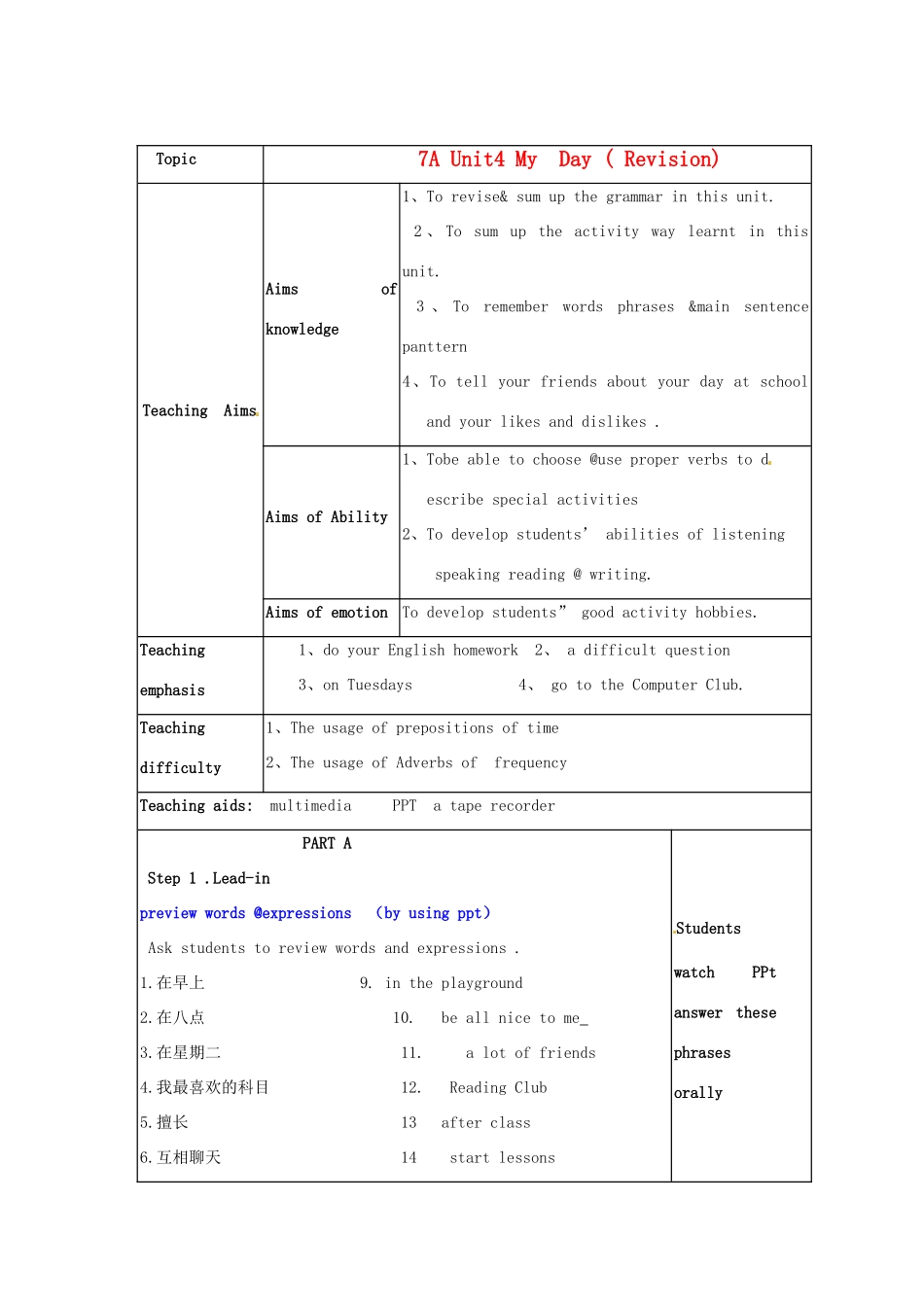 江苏省新沂市七年级英语《Unit 4 My DAY rEVISION》教案 人教新目标版_第1页