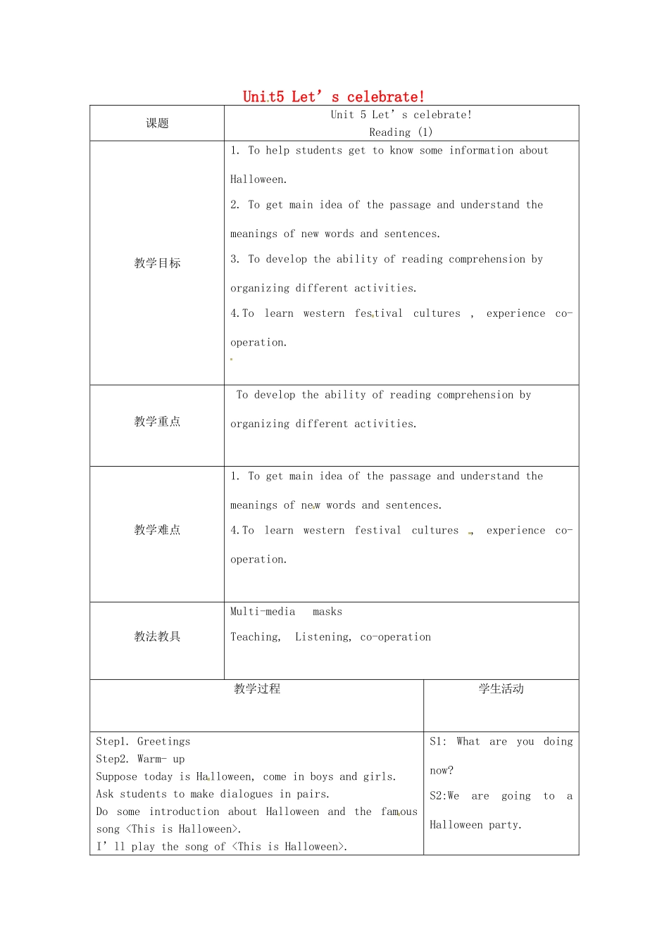 江苏省新沂市七年级英语 Unit5《Let’s celebrate!》教案 苏教版_第1页