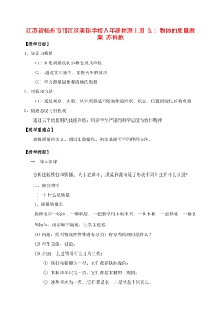 江苏省扬州市邗江区美琪学校八年级物理上册 6.1 物体的质量教案 苏科版