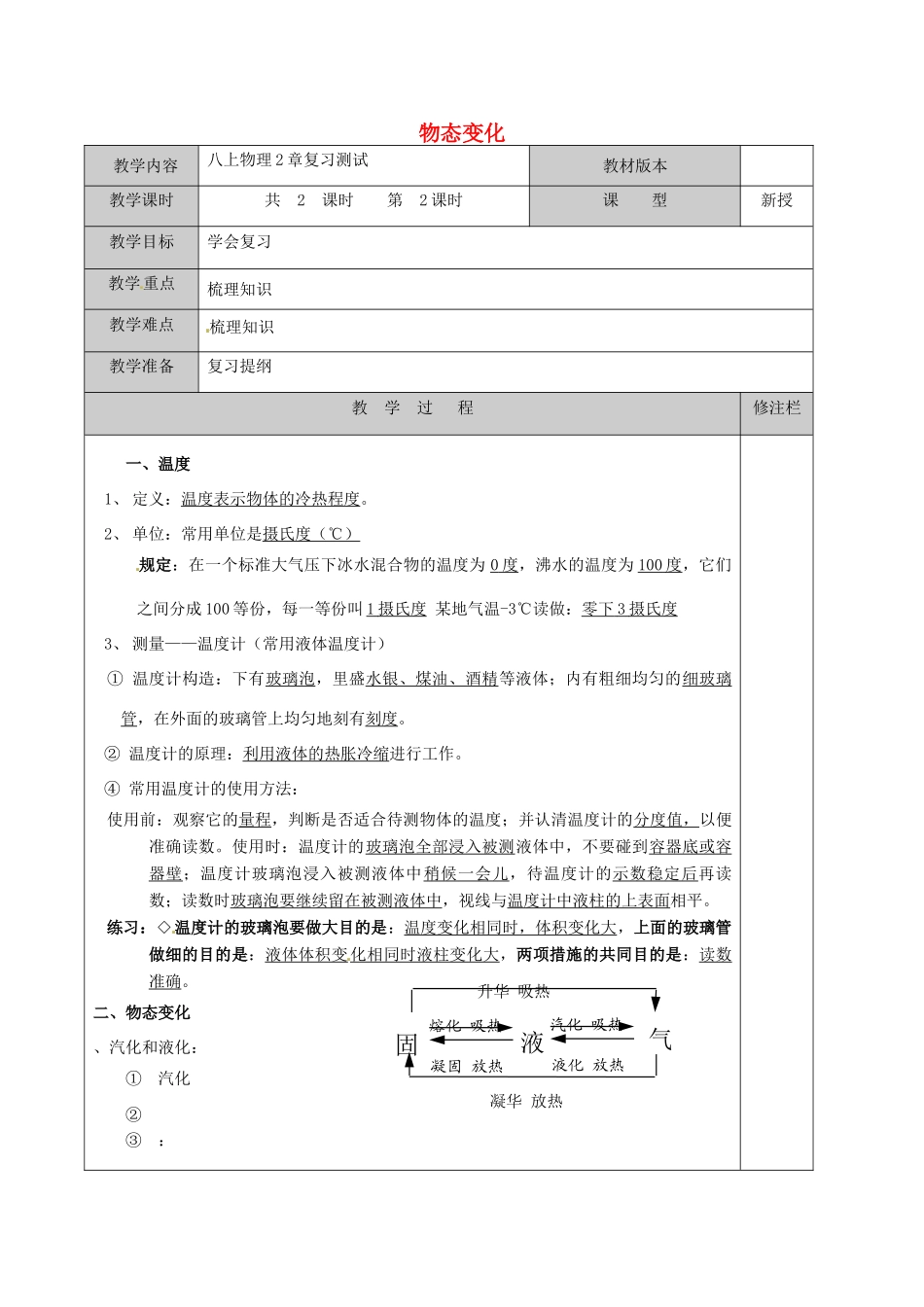 江苏省徐州黄山外国语学校八年级物理上册 第2章 物态变化复习教案 苏科版_第1页