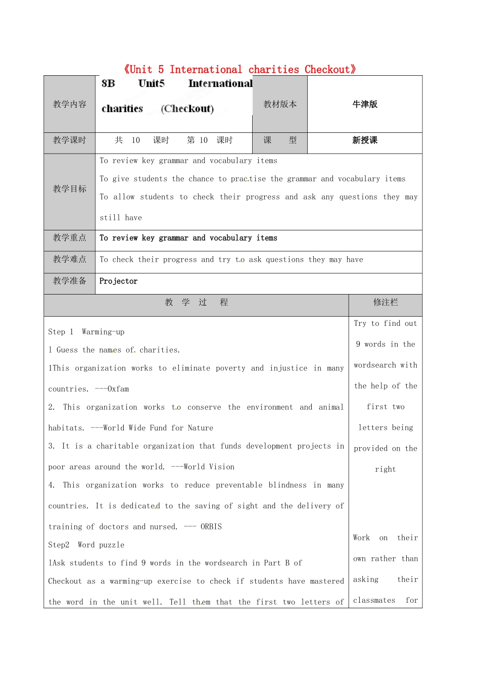 江苏省徐州市黄山外国语学校八年级英语下册《Unit 5 International charities Checkout》教学案（1） 牛津版_第1页