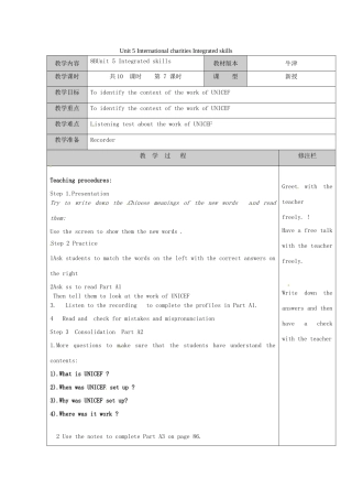 江苏省徐州市黄山外国语学校八年级英语下册 Unit 5 International charities Integrated skills教案1 牛津版
