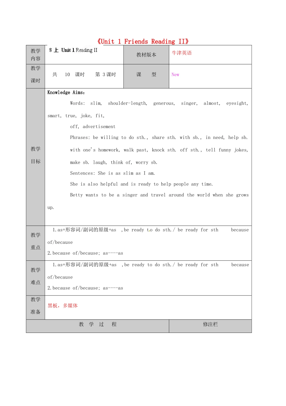 江苏省徐州市黄山外国语学校八年级英语上册《Unit 1 Friends Reading II》教学案 牛津版_第1页
