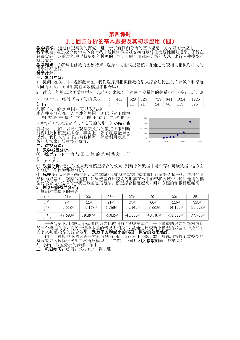 高中数学 第一章《回归分析的基本思想及其初步应用》教案4 新人教A版选修1-2_第1页