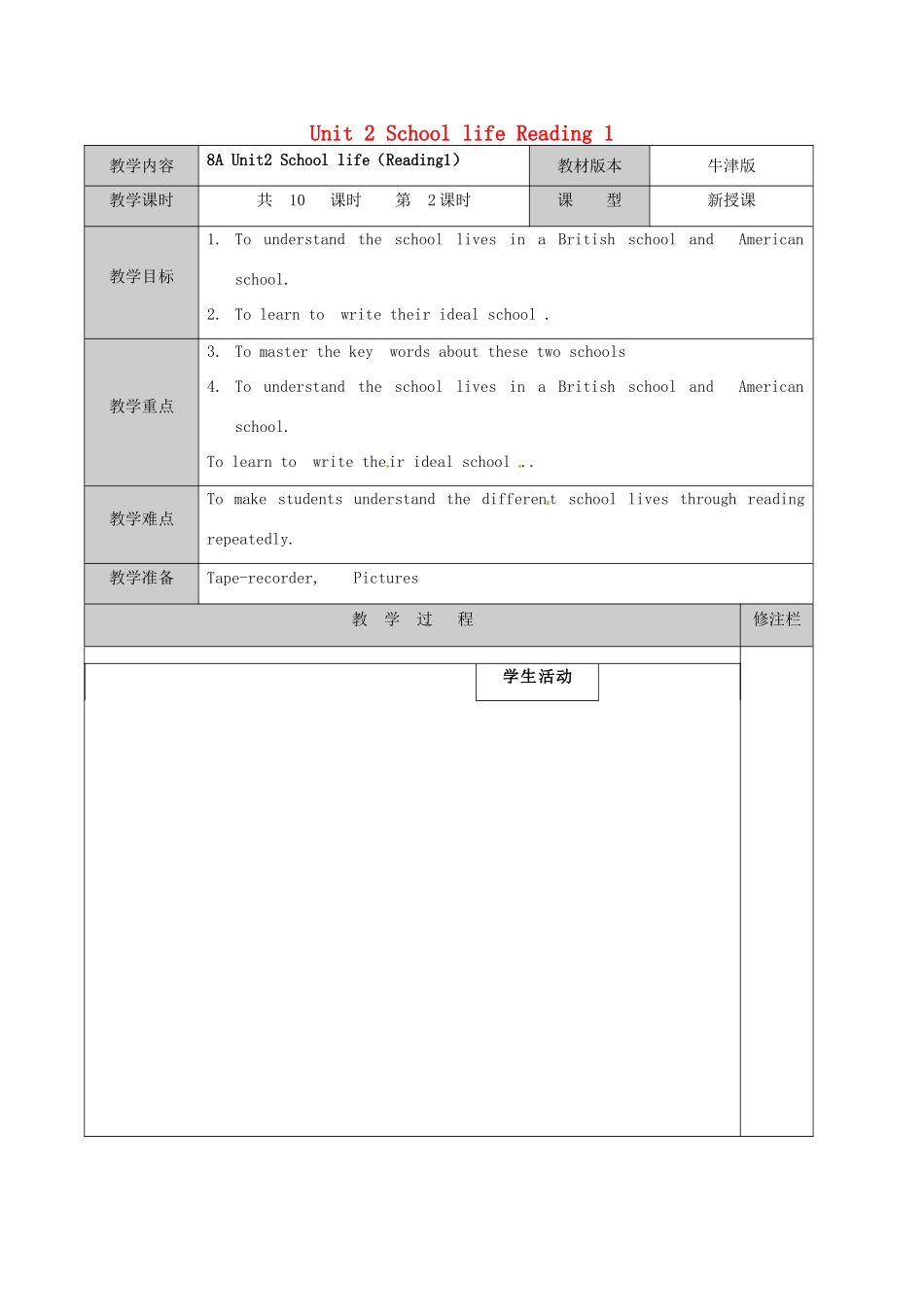 江苏省徐州市黄山外国语学校八年级英语上册 Unit 2 School life Reading 1教案 牛津版_第1页