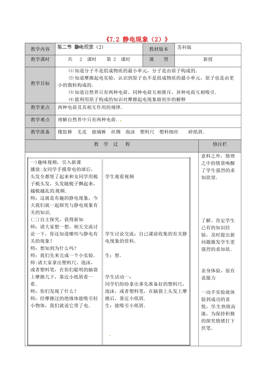 江苏省徐州市黄山外国语学校八年级物理下册《7.2 静电现象（2）》教案 苏科版_第1页