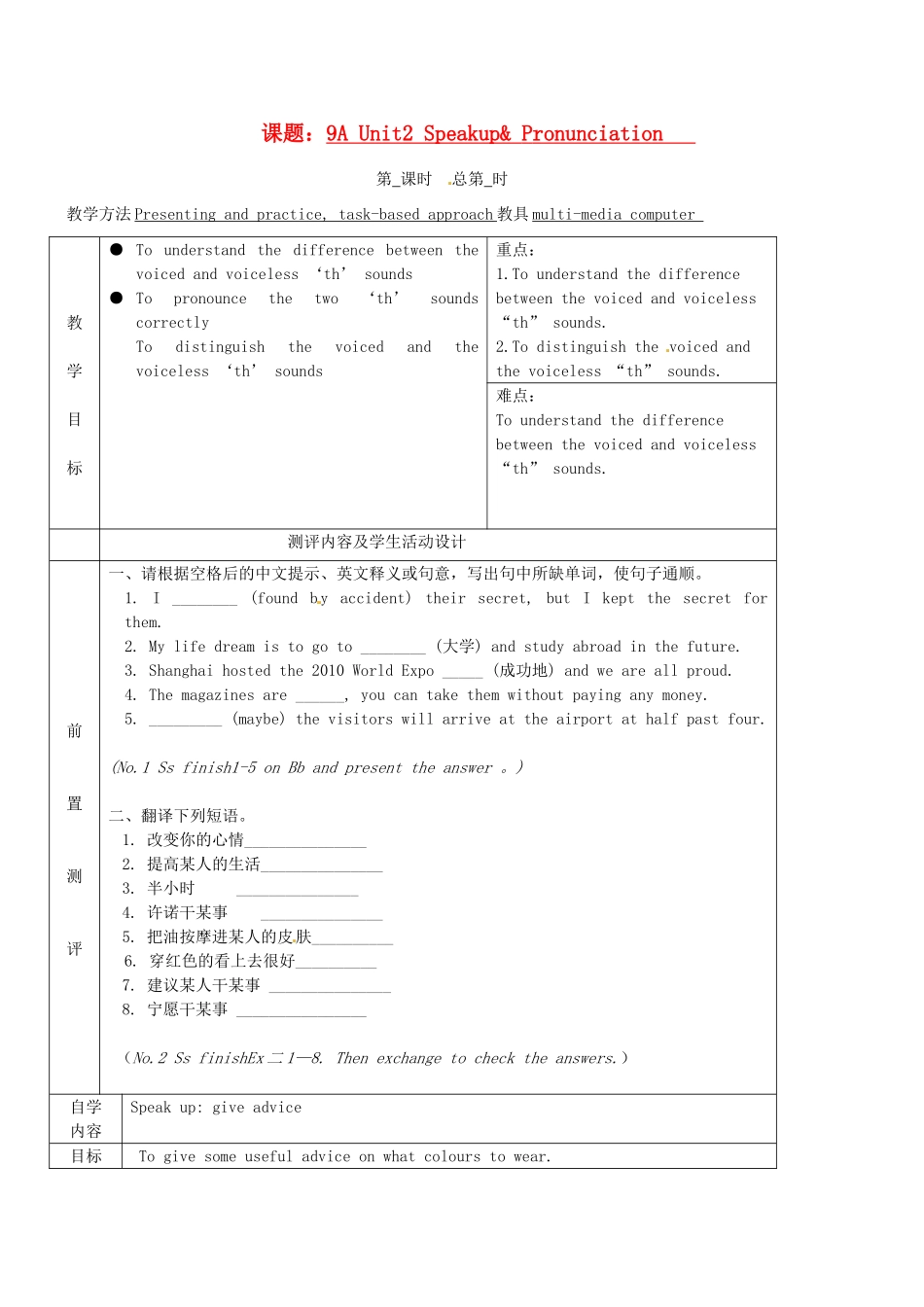 江苏省徐州市铜山区汉王镇九年级英语《9A Unit2 Speakup& Pronunciation》教案_第1页