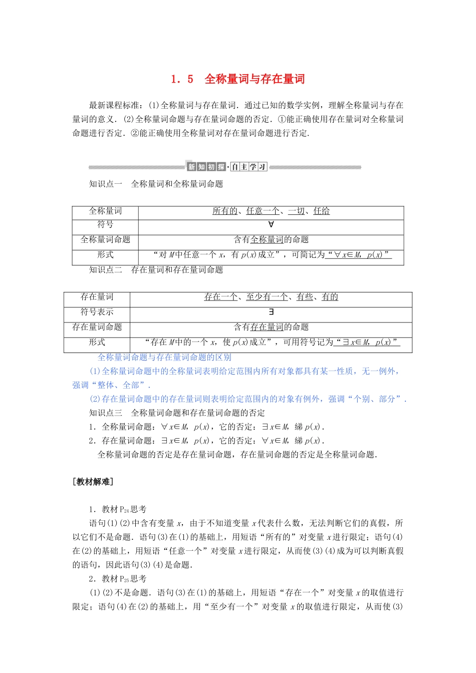高中数学 第一章 集合与常用逻辑用语 1.5 全称量词与存在量词讲义 新人教A版必修第一册-新人教A版高一第一册数学教案_第1页