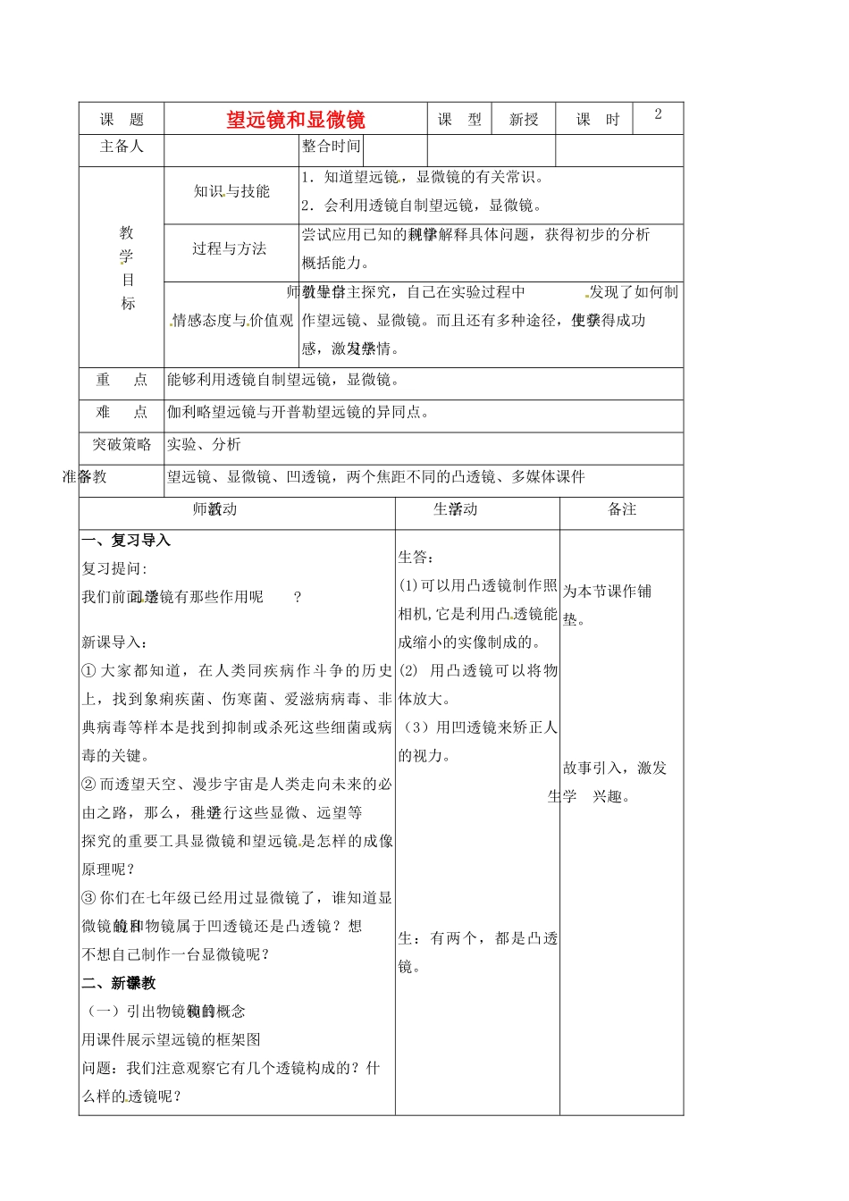 江苏省徐州市第二十二中学八年级物理 4.5《望远镜和显微镜》教案_第1页