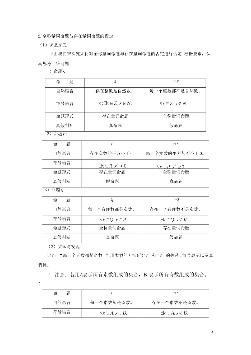 高中数学 第一章 集合与常用逻辑用语 1.2.2 全称量词命题与存在量词命题的否定教学设计（1）新人教B版必修第一册-新人教B版高一第一册数学教案_第3页
