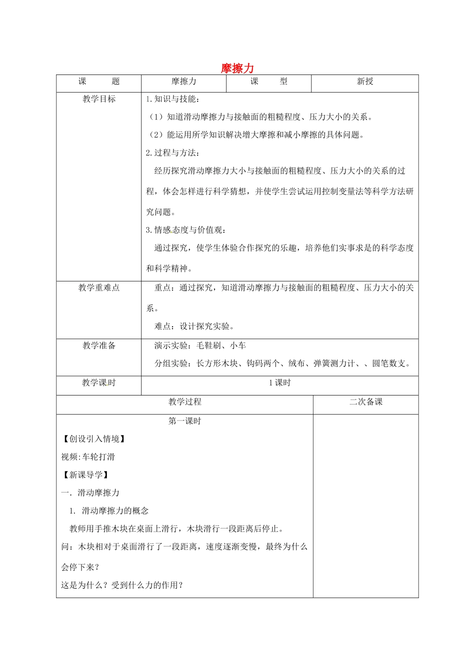 江苏省徐州市八年级物理下册 8.3摩擦力教案 （新版）苏科版-（新版）苏科版初中八年级下册物理教案_第1页