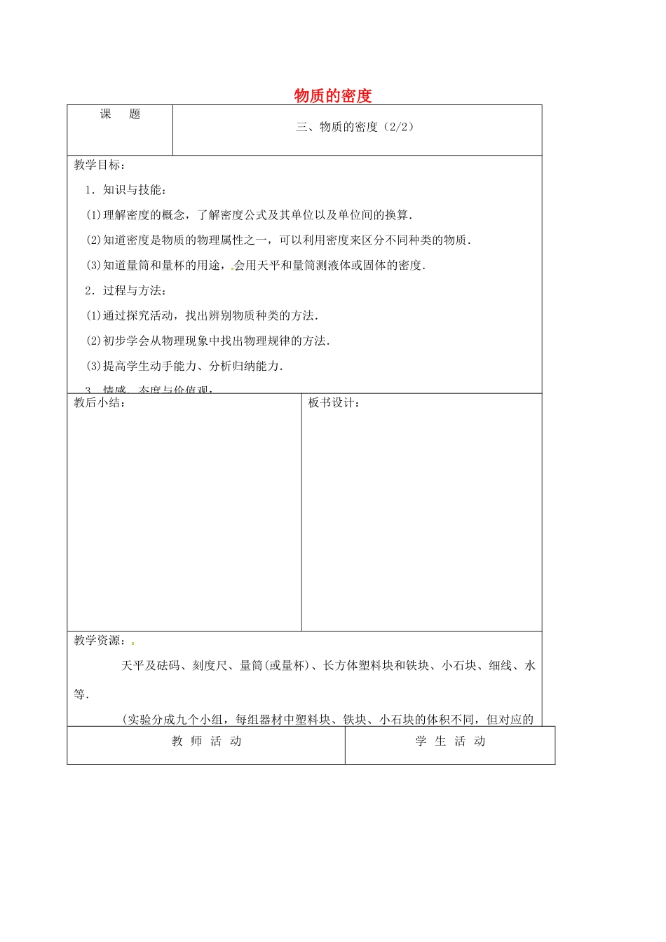 江苏省徐州市八年级物理下册 6.3物质的密度（第2课时）教案 （新版）苏科版-（新版）苏科版初中八年级下册物理教案_第1页