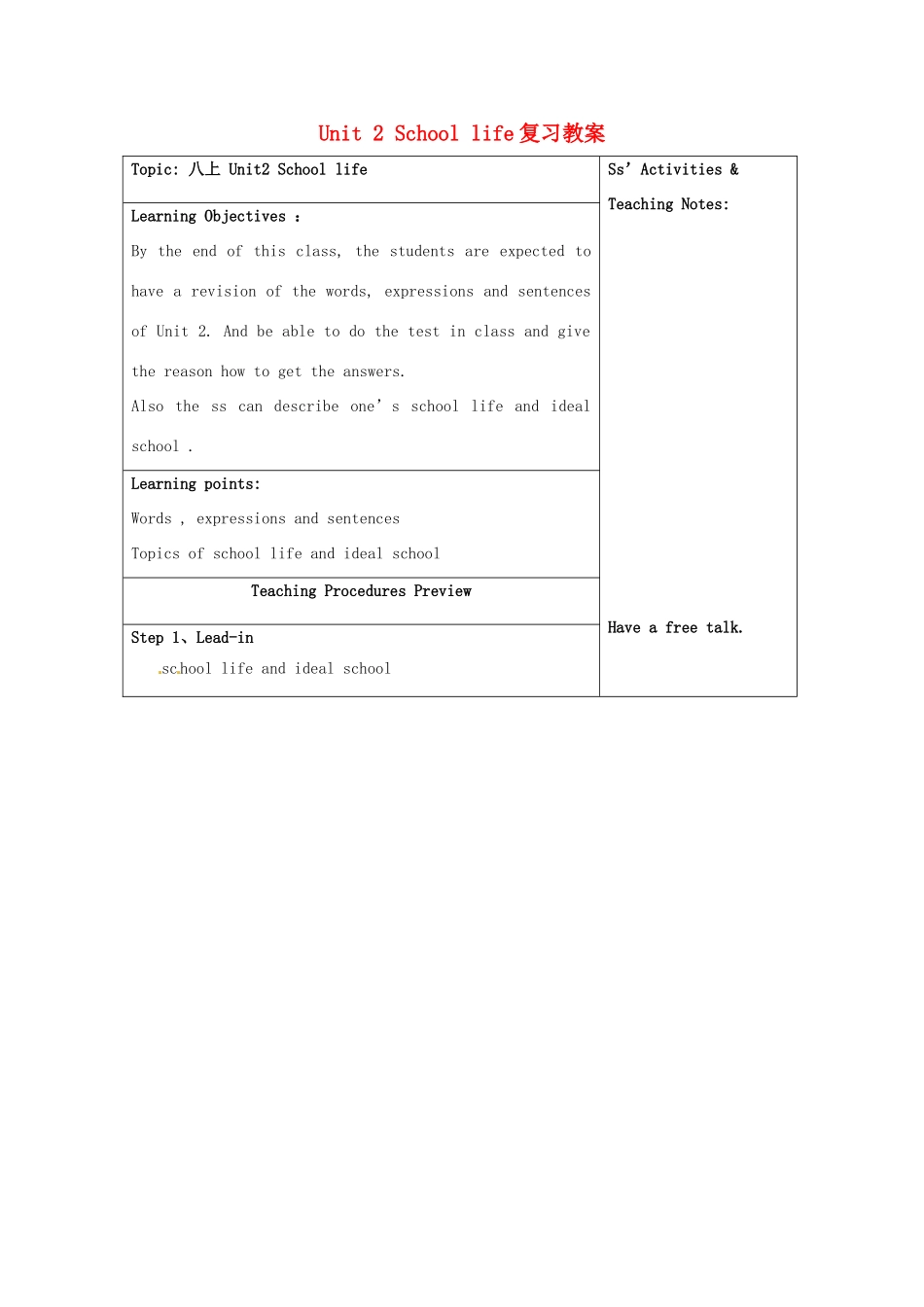 江苏省徐州市中小学教学研究室八年级英语上册 Unit 2 School life复习教案 牛津版_第1页