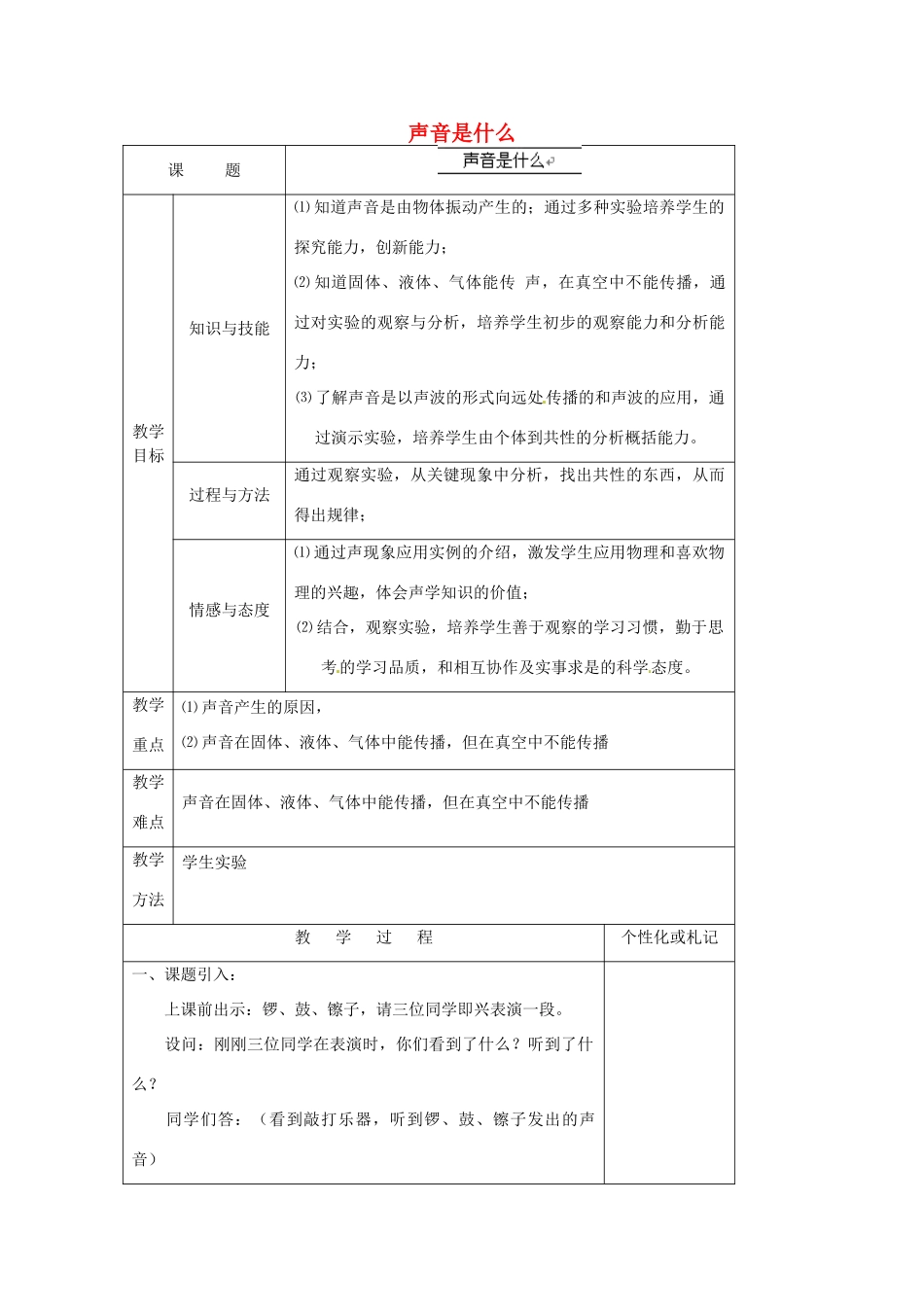 江苏省常州市溧阳市周城初级中学八年级物理上册 1.3 声音是什么教案 （新版）苏科版_第1页