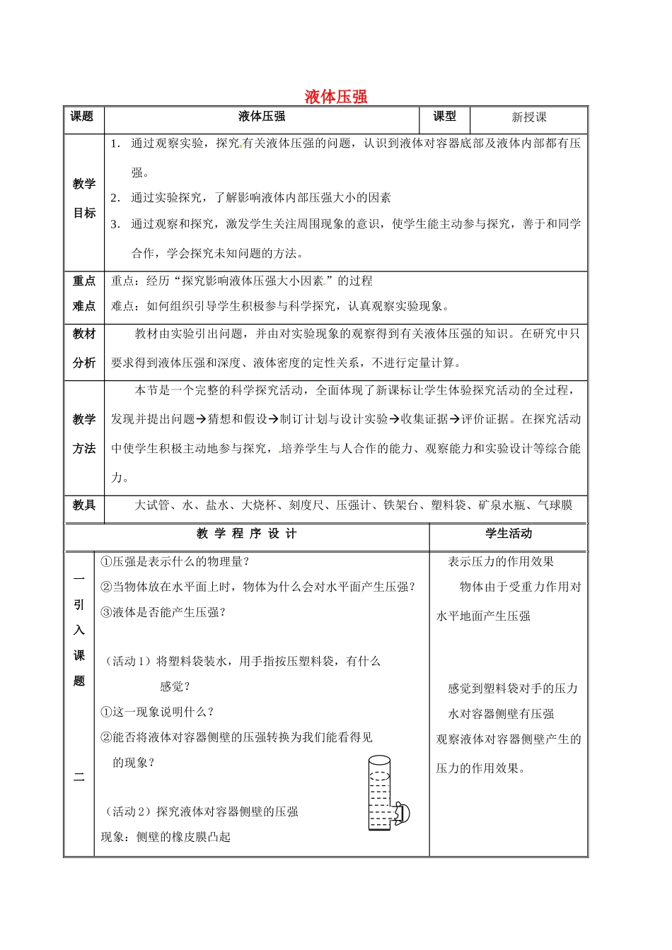 江苏省常州市武进区八年级物理下册 10.2 液体压强教案 苏科版-苏科版初中八年级下册物理教案_第1页