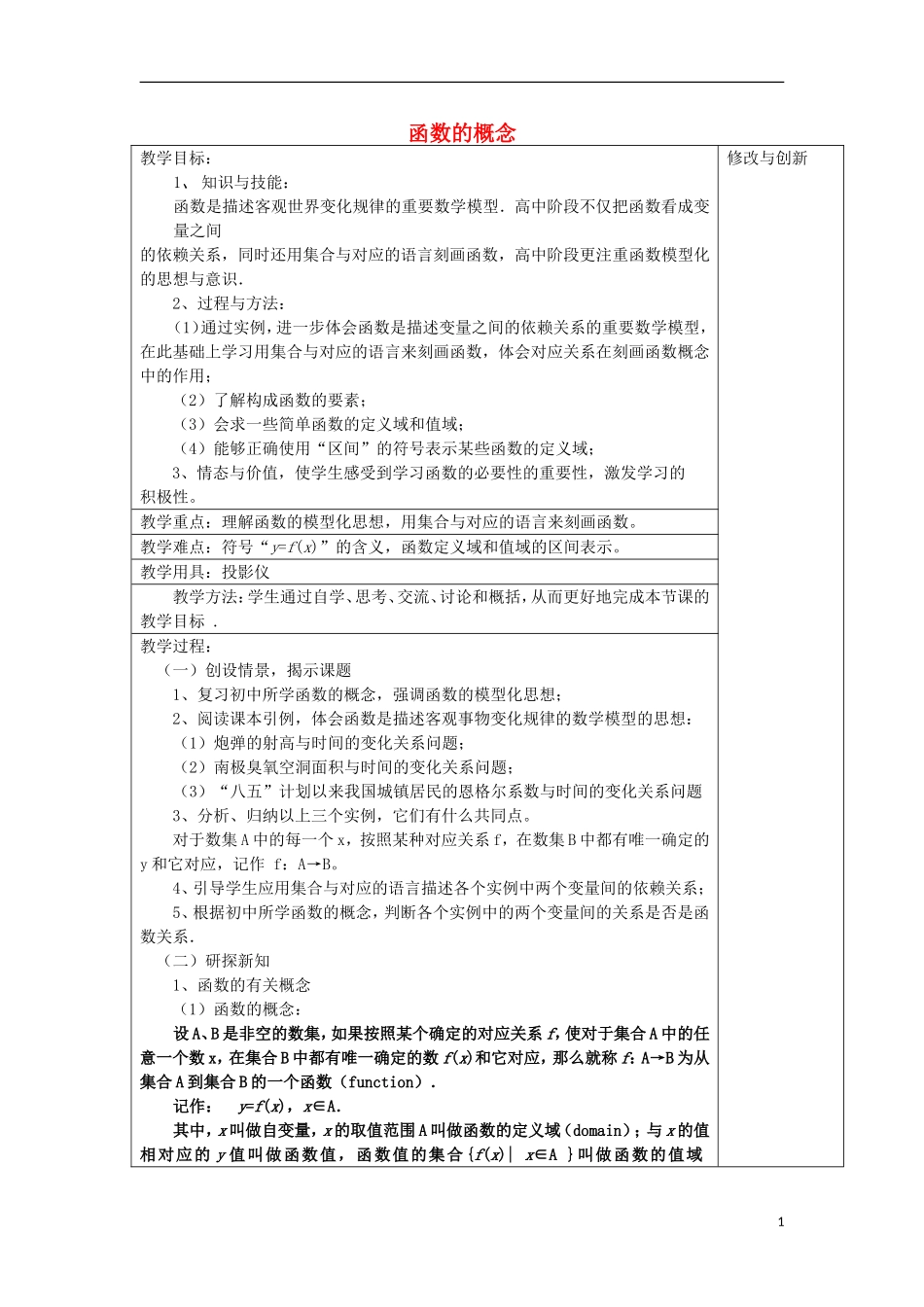 高中数学 第一章 集合与函数概念 1.2.1 函数的概念教案 新人教A版必修1-新人教A版高一必修1数学教案_第1页