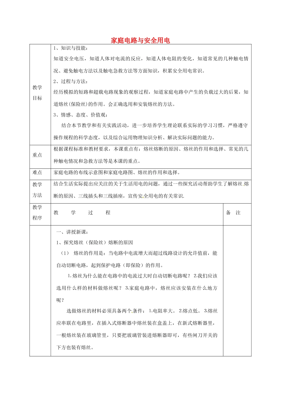 江苏省宿迁市泗洪县九年级物理下册 15.4.2 家庭电路与安全用电教案 （新版）苏科版-（新版）苏科版初中九年级下册物理教案_第1页