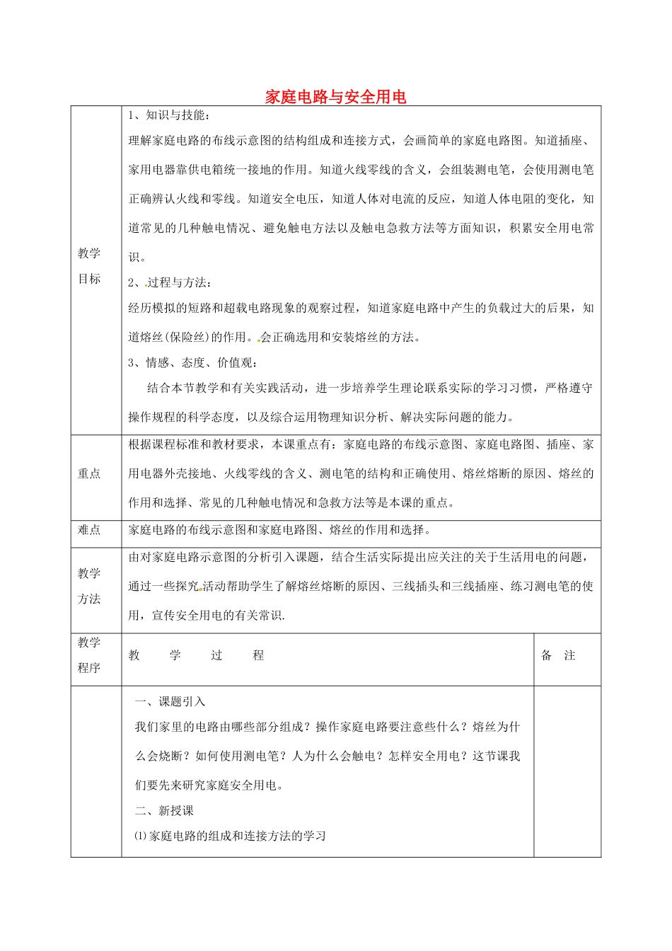 江苏省宿迁市泗洪县九年级物理下册 15.4.1 家庭电路与安全用电教案 （新版）苏科版-（新版）苏科版初中九年级下册物理教案_第1页