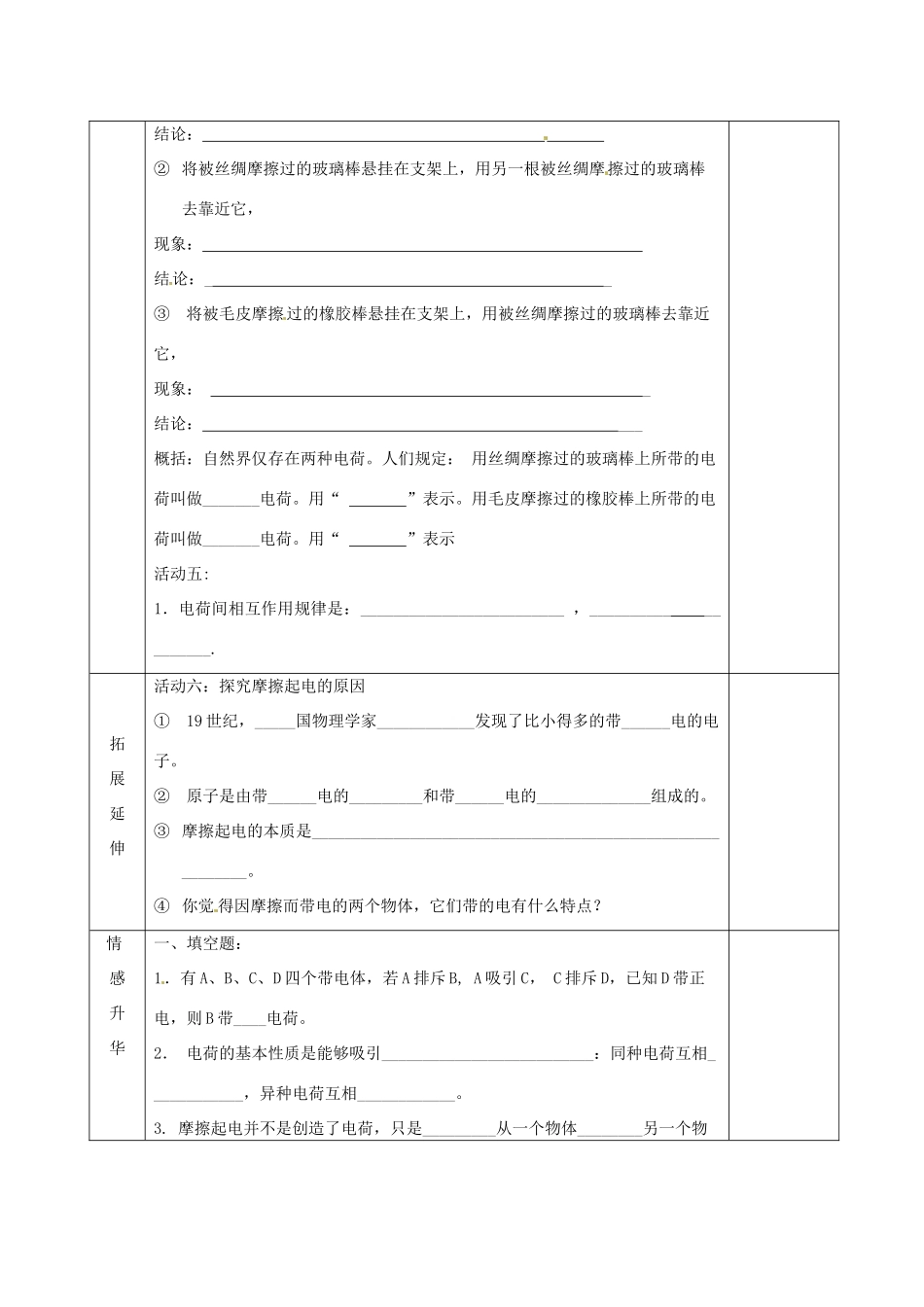 江苏省宿迁市沭阳县官墩初级中学八年级物理下册 7.2 静电现象导学案3（无答案） 苏科版_第2页