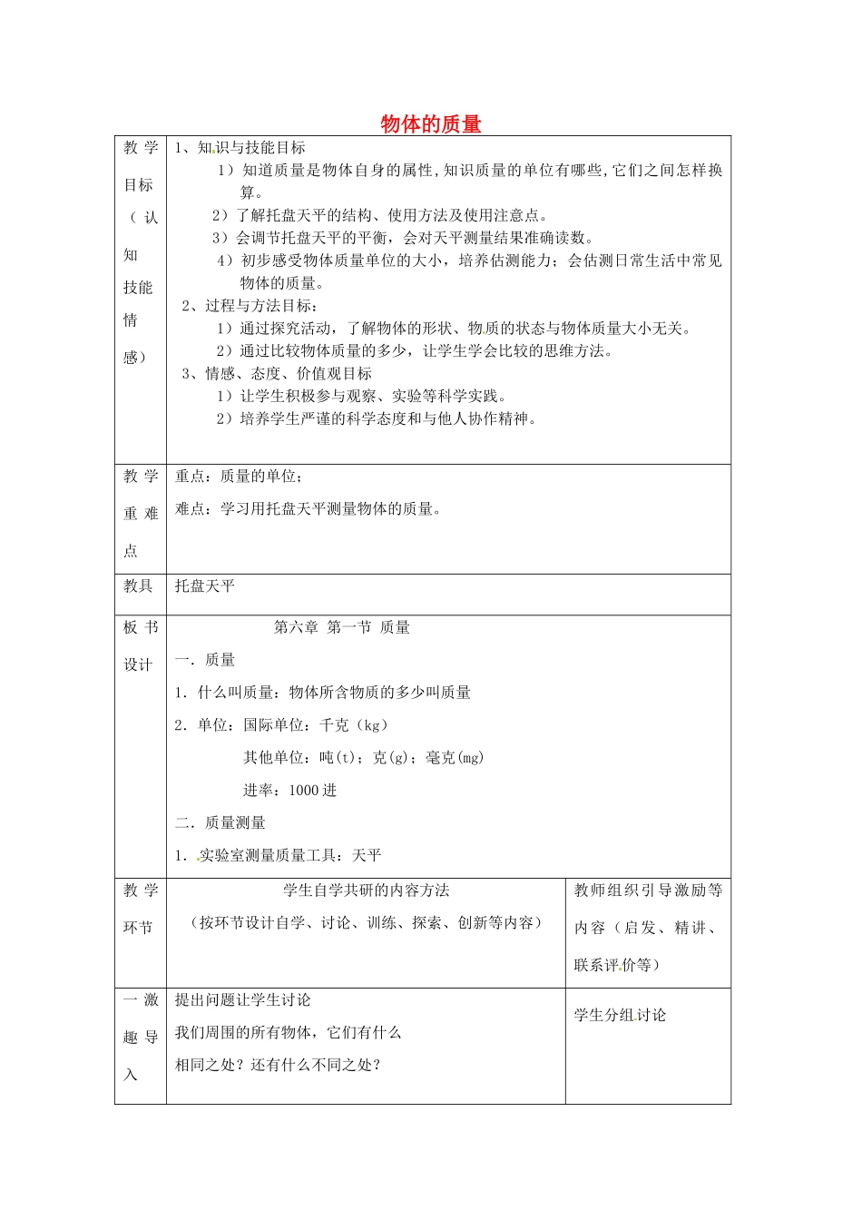 江苏省宿迁市沭阳县官墩初级中学八年级物理下册 6.1 物体的质量教案 苏科版_第1页