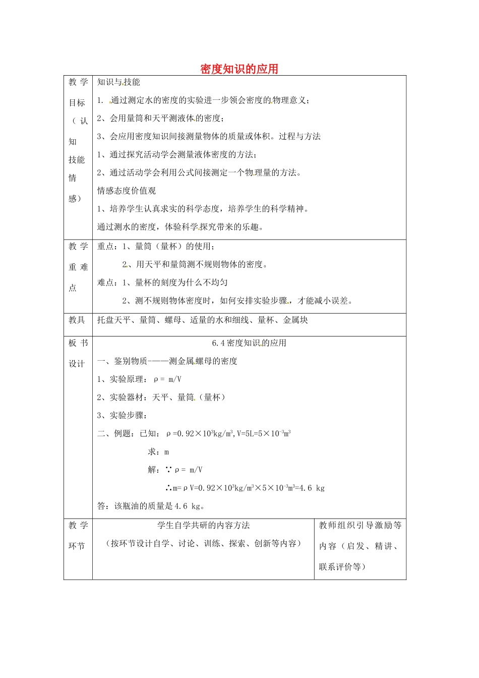 江苏省宿迁市沭阳县官墩初级中学八年级物理下册 6.4 密度知识的应用教案 苏科版_第1页