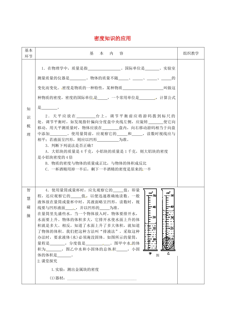 江苏省宿迁市沭阳县官墩初级中学八年级物理下册 6.4 密度知识的应用导学案（无答案） 苏科版_第1页