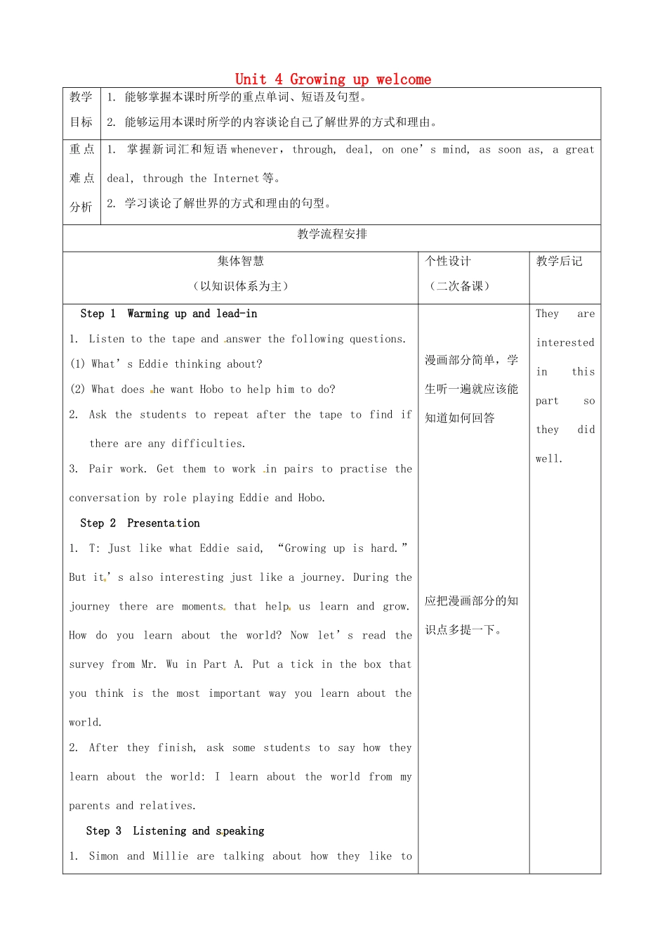 江苏省宿迁市宿豫县关庙镇中心学校九年级英语上册 Unit 4 Growing up welcome教案 牛津版_第1页