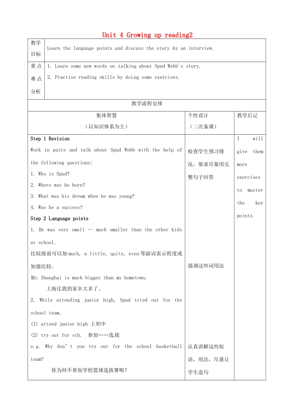 江苏省宿迁市宿豫县关庙镇中心学校九年级英语上册 Unit 4 Growing up reading2教案 牛津版_第1页