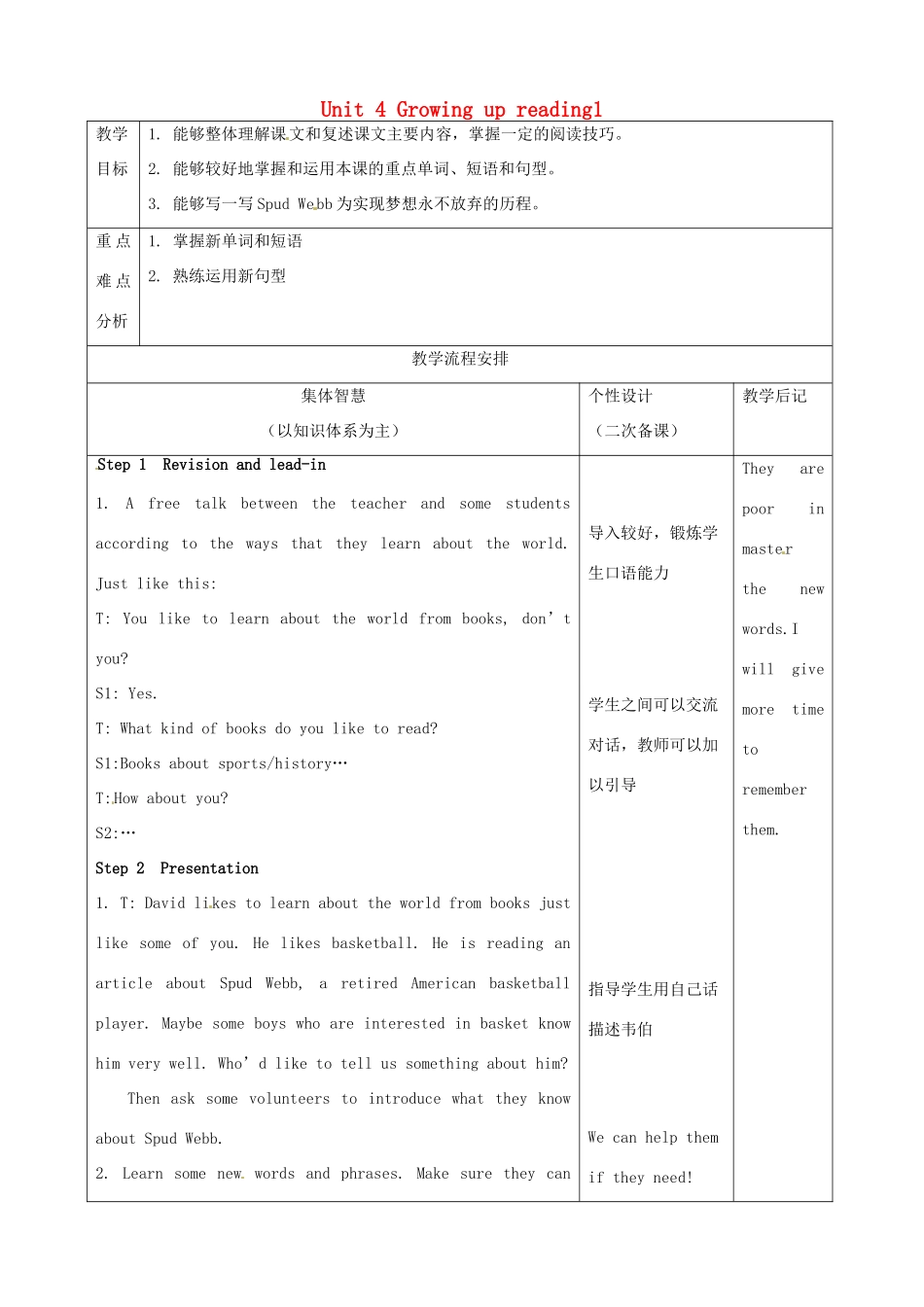 江苏省宿迁市宿豫县关庙镇中心学校九年级英语上册 Unit 4 Growing up reading1教案 牛津版_第1页