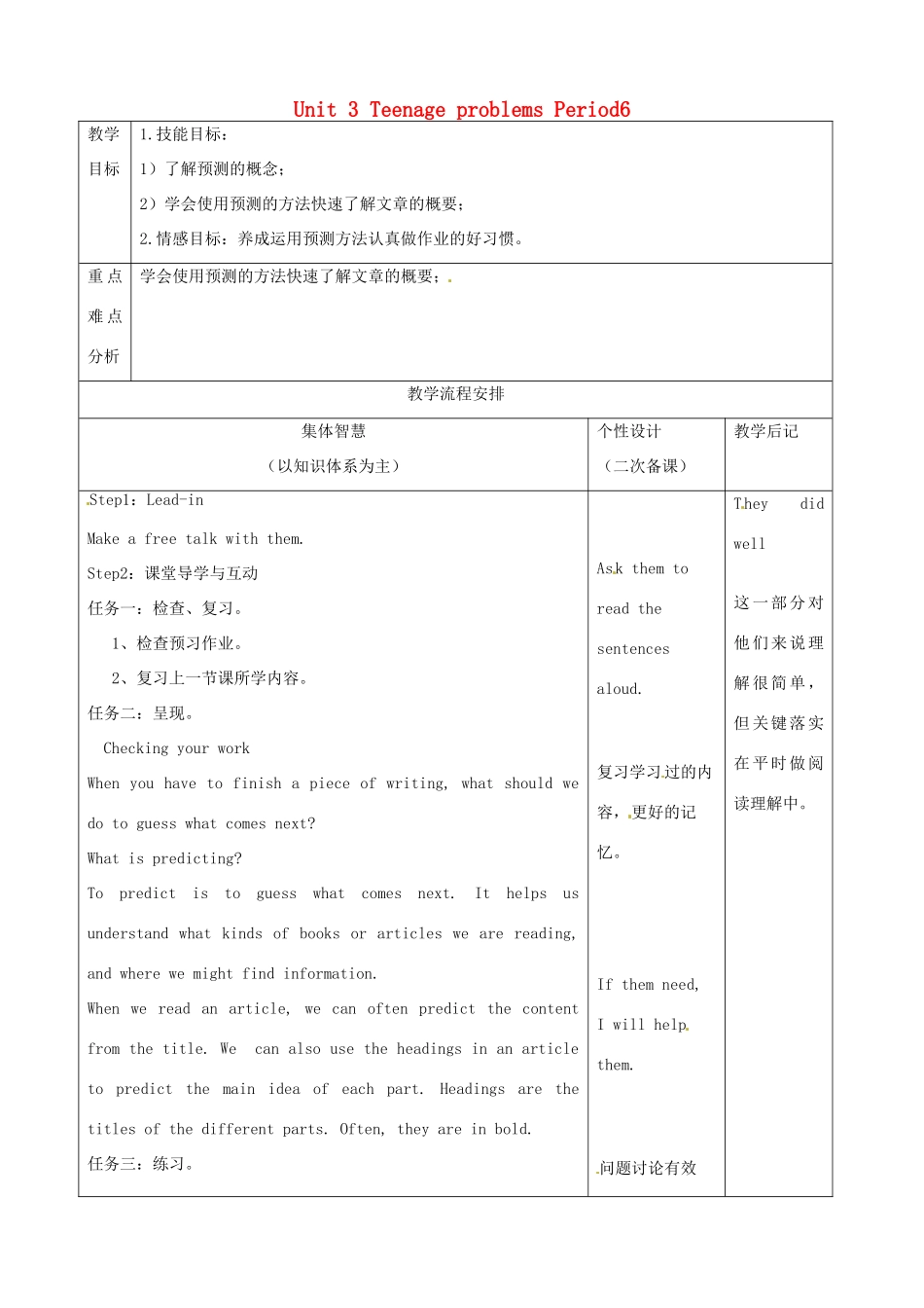 江苏省宿迁市宿豫县关庙镇中心学校九年级英语上册 Unit 3 Teenage problems Period6教案 牛津版_第1页
